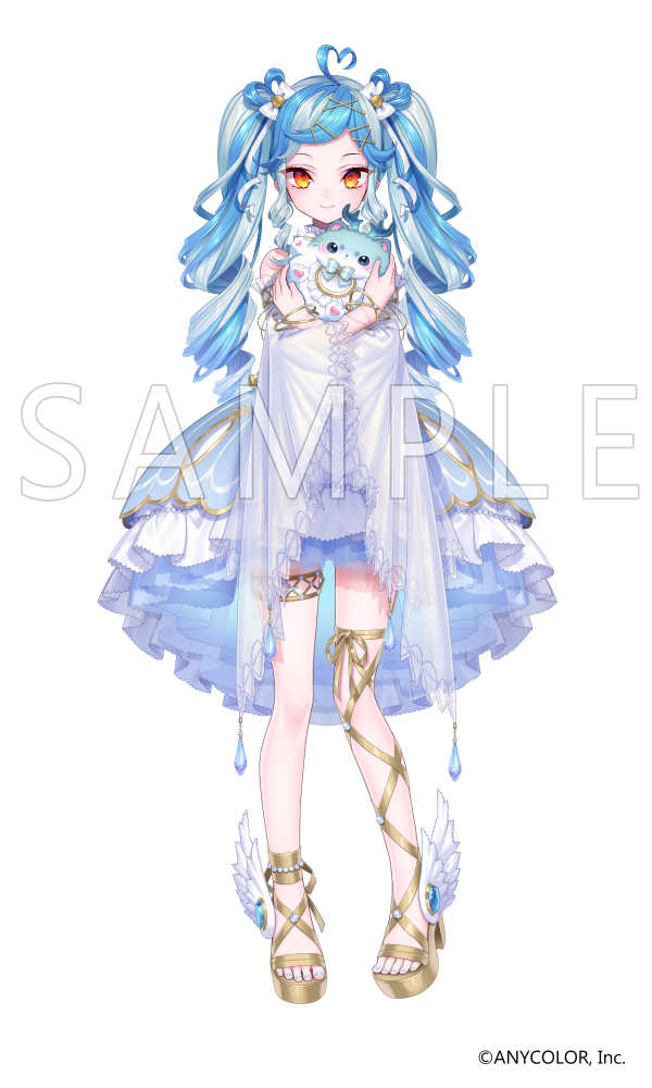 ahoge, blue_hair, blue_nails, detached_sleeves, dress, frilled_dress, frills, heart, heart_ahoge, hitsuji_oshipu, long_hair, looking_at_viewer, multicolored_hair, nijisanji, nijisanji_en, official_art, orange_eyes, sample_watermark, simple_background, smile, spiritmate_(twisty_amanozako), streaked_hair, tachi-e, toes, twintails, twisty_amanozako_(2nd_costume), virtual_youtuber, watermark, white_background, white_hair, winged_shoes