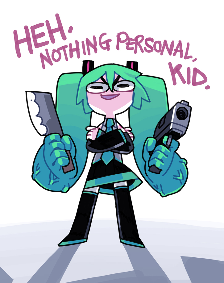 1girl, :d, aiming, aiming_at_viewer, aqua_hair, asymmetrical_dual_wielding, bare_shoulders, black_boots