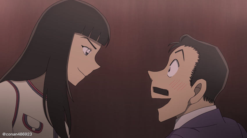 1boy, 1girl, black_hair, blue_eyes, blunt_bangs, blush, closed_mouth, dress, eye_contact, facial_hair, from_side, gimlet-conan, hair_slicked_back, highres, indoors, jacket, long_hair, looking_at_another, meitantei_conan, mouri_kogoro, mustache, official_style, open_mouth, profile, purple_jacket, rachel_cheung, shirt, short_hair, smile, twitter_username, white_shirt