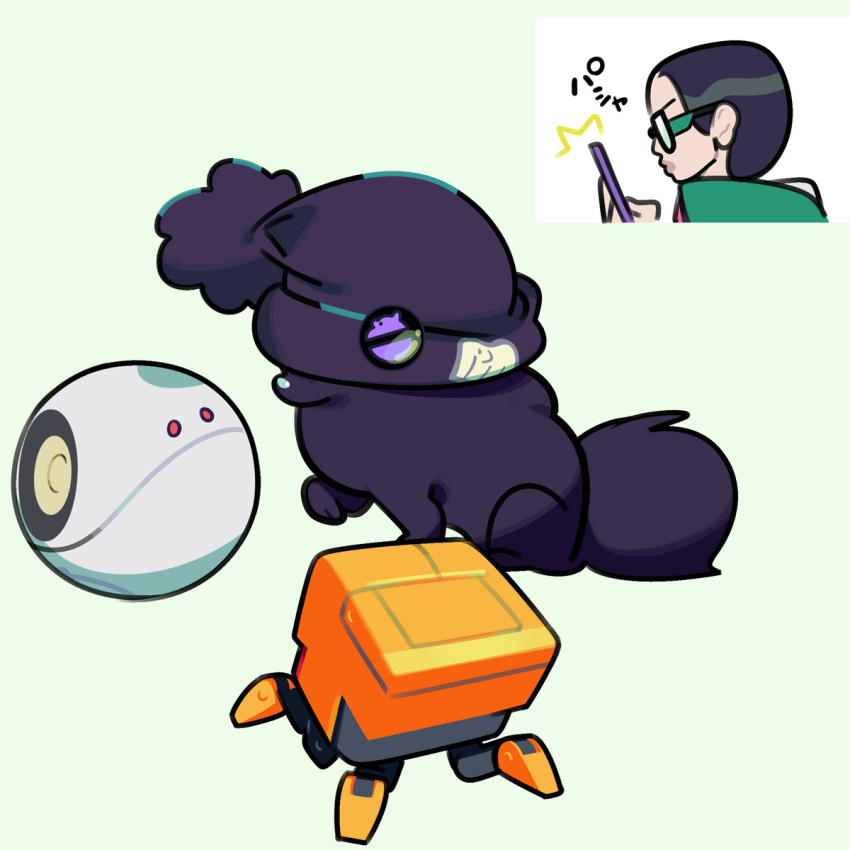 1boy, beanie, black_hair, conch_(gundam), dog, glasses, green_background, gundam