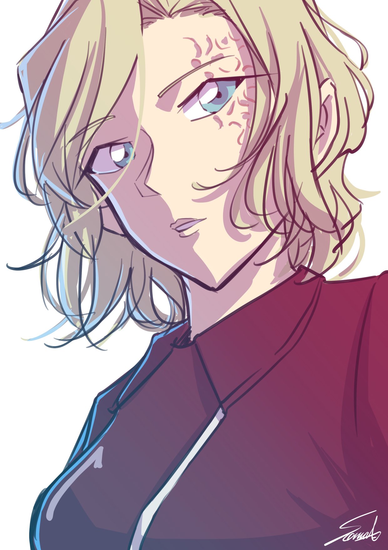 1girl, artist_name, asymmetrical_hair, blue_eyes, brown_hair, burn_scar, floating_hair, highres