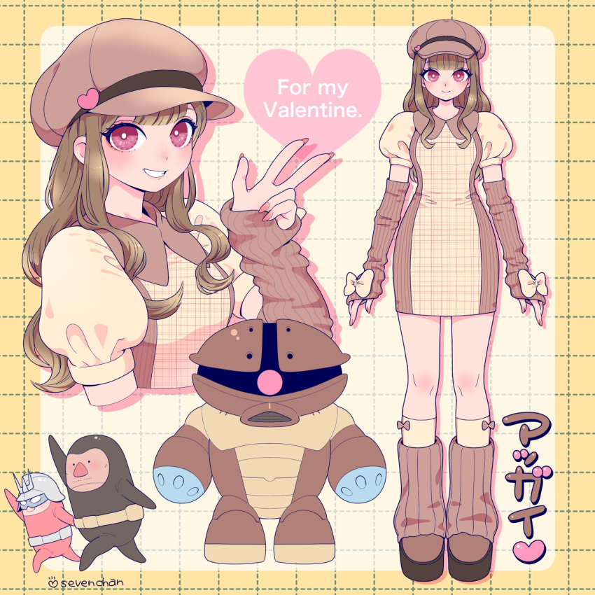 1girl, 2boys, acguy, acguy_(cosplay), akahana, arm_up, artist_name, belt, black_bodysuit, bodysuit, boots, bow, bow_legwear, breasts, brown_boots, brown_dress, brown_hair, brown_hat, brown_leg_warmers, brown_sleeves, char_aznable, character_name, cosplay, cropped_torso, detached_sleeves, dress, eye_mask, eyeshadow, full_body, grid_background, grin, gundam, hand_up, hat, hat_ornament, heart, heart_hat_ornament, helmet, highres, leg_warmers, legs_apart, long_sleeves, looking_at_viewer, makeup, mecha, medium_breasts, mobile_suit, mobile_suit_gundam, multiple_boys, multiple_views, nail_polish, newsboy_cap, one-eyed, pencil_dress, pink_eyes, pink_eyeshadow, pink_nails, puffy_short_sleeves, puffy_sleeves, red_bodysuit, red_eyes, red_nose, ribbed_leg_warmers, ribbed_sleeves, robot, shira_neri, short_sleeves, sidelocks, sleeves_past_wrists, smile, socks, standing, teeth, translated, two-tone_dress, valentine, w, wavy_hair, white_belt, white_helmet, yellow_belt, yellow_bow, yellow_dress, yellow_socks, zeon