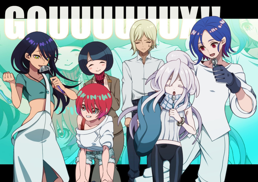 2boys, 4girls, amate_yuzuriha, aqua_eyes, black_hair, blonde_hair, blue_eyes, blue_hair