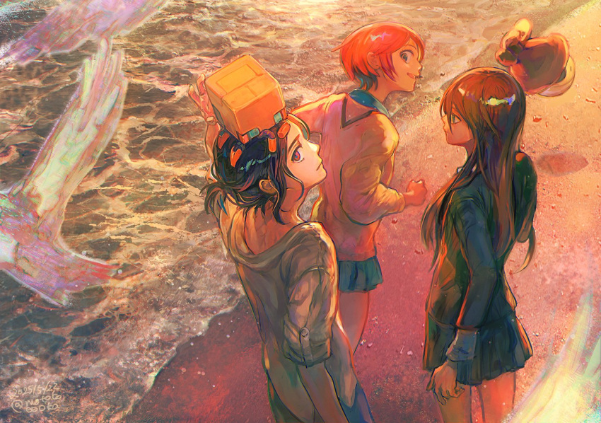 1boy, 2girls, amate_yuzuriha, aqua_eyes, beach, bird, blue_hair, collared_shirt, conch_(gundam), gundam, gundam_gquuuuuux, haro, jacket, long_hair, long_sleeves, looking_at_viewer, looking_back, motokooooka, multiple_girls, non-humanoid_robot, nyaan_(gundam_gquuuuuux), open_mouth, ponytail, purple_hair, red_eyes, red_hair, robot, sand, school_uniform, shirt, short_hair, shuji_ito, skirt, smile, sweater, water