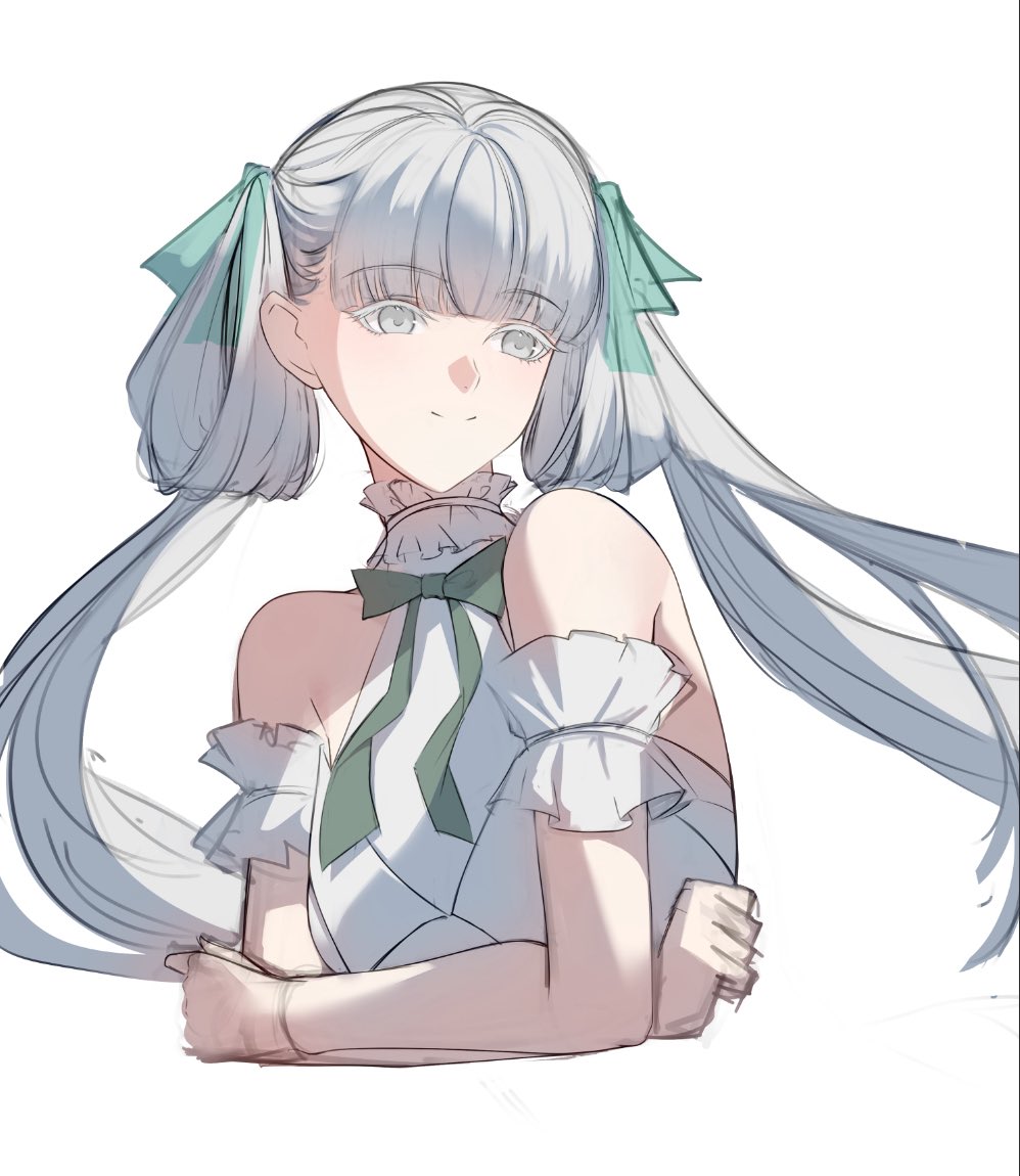 1girl, bare_shoulders, breasts, closed_mouth, colored_eyelashes, cropped_torso, green_ribbon, hair_ribbon, i_a_n, jinhsi_(wuthering_waves), long_hair, looking_to_the_side, medium_breasts, official_alternate_costume, ribbon, simple_background, smile, solo, split_mouth, twintails, two_side_up, very_long_hair, white_background, white_eyelashes, white_eyes, wuthering_waves