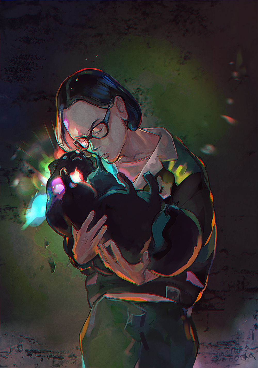 1boy, animal, black_hair, closed_eyes, cowboy_shot, dog, glasses, gundam