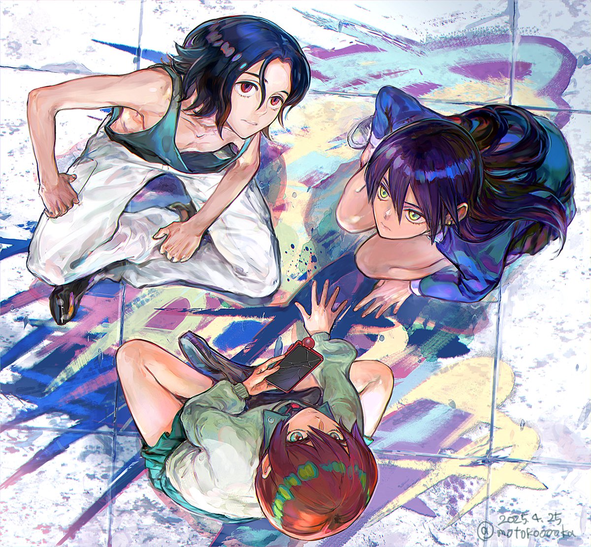 1boy, 2girls, amate_yuzuriha, aqua_eyes, artist_name, blue_hair, collared_shirt, cracked_screen, dated, downblouse, from_above, graffiti, gundam, gundam_gquuuuuux, holding, holding_phone, jacket, long_hair, long_sleeves, looking_up, motokooooka, multiple_girls, necktie, nyaan_(gundam_gquuuuuux), on_floor, pants, phone, purple_hair, red_eyes, red_hair, school_uniform, shirt, short_hair, shuji_ito, sitting, skirt, spray_paint, sweater, yellow_eyes