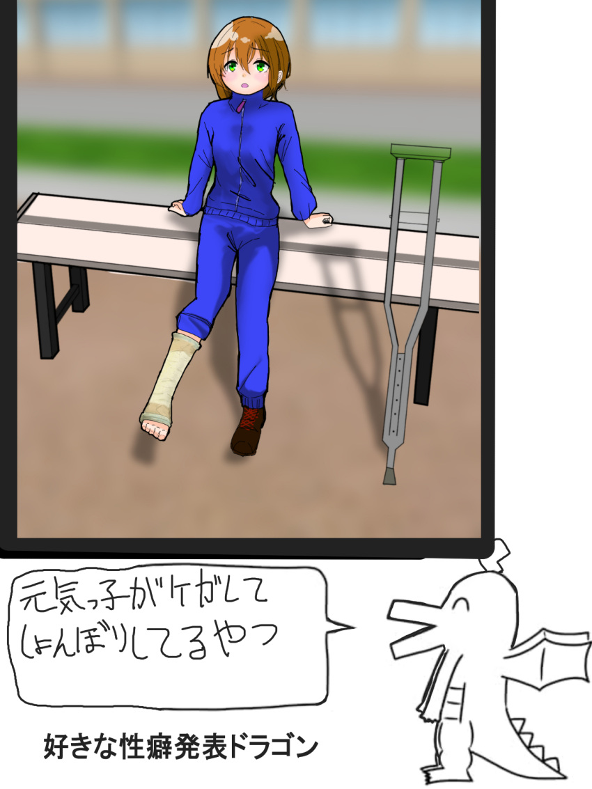 1girl, bench, blue_jacket, blue_pants, broken_leg, brown_hair, cast, crutch, dragon, green_eyes, leg_cast, mascot, scotch(castlover), single_shoe, sitting, solo