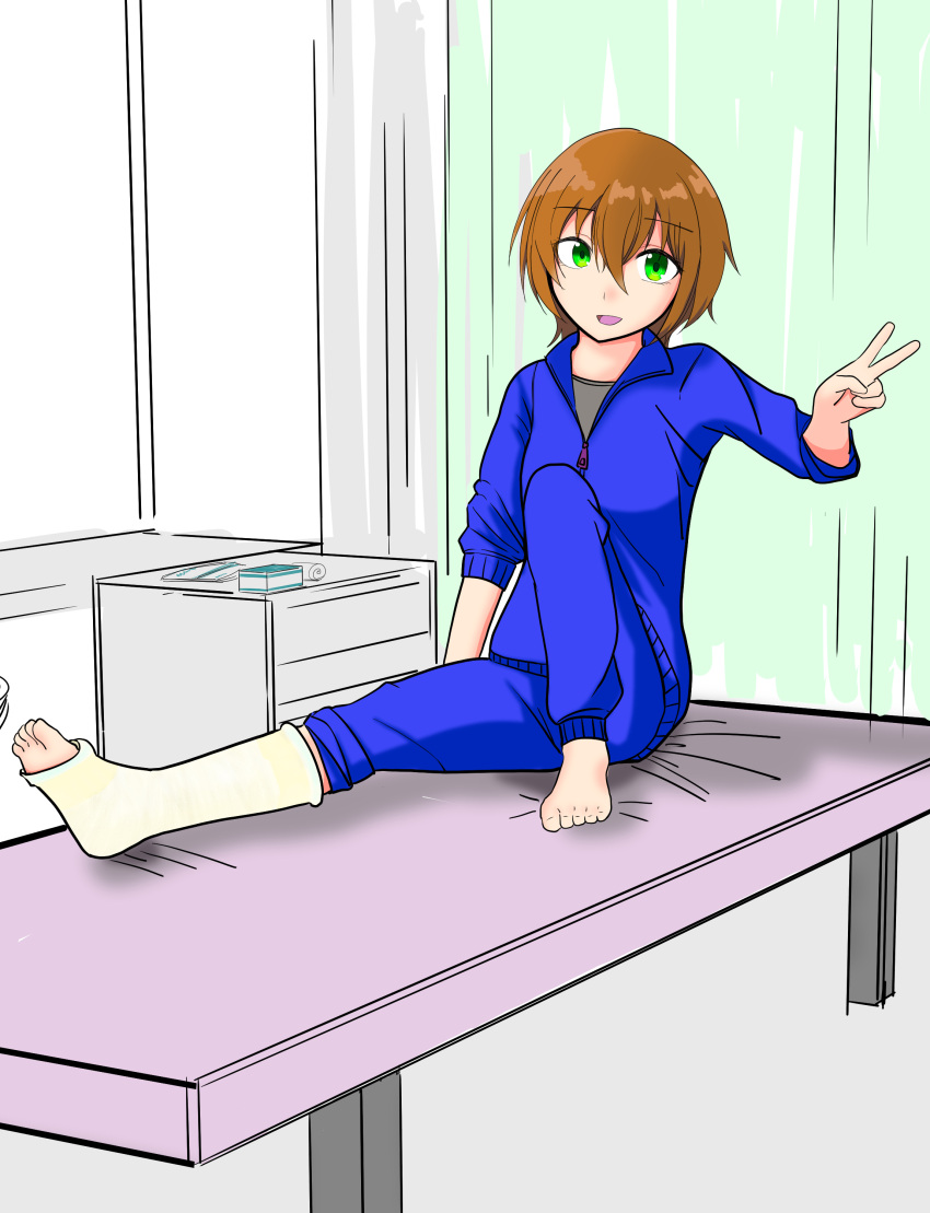 1girl, barefoot, blue_jacket, blue_pants, broken_leg, brown_hair, cast, green_eyes