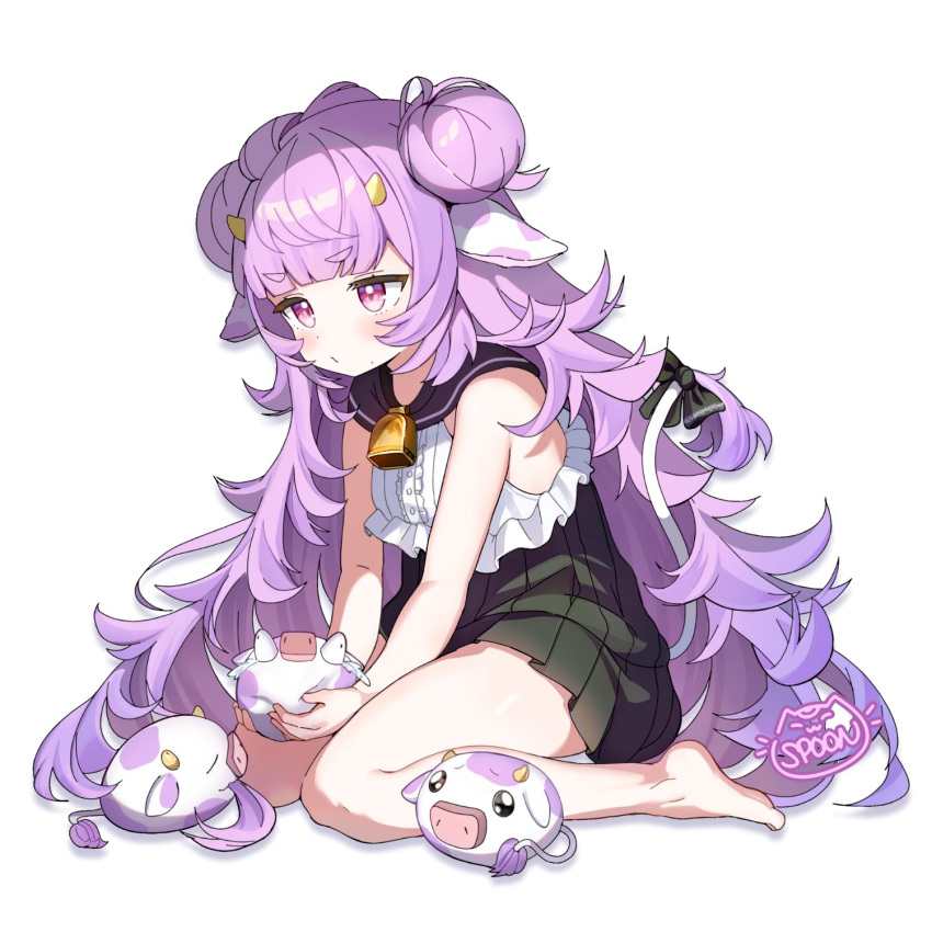 1girl, animal_ears, barefoot, bell, cow_ears, cow_girl, cow_horns, cow_tail, cowbell, double_bun, dress, hair_bun, highres, horns, kneeling, long_hair, mini_moo_(muu_muyu), mole, mole_under_mouth, muu_muyu, neck_bell, phase_connect, pink_eyes, purple_hair, sleeveless, sleeveless_dress, spoonillust, tail, very_long_hair, virtual_youtuber
