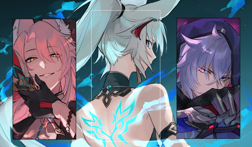 1girl, 2boys, absurdres, animal_ear_fluff, animal_ears, aqua_gemstone, armor, back