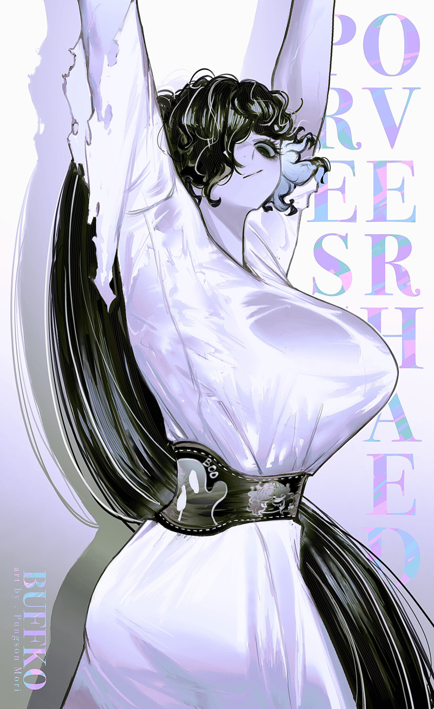 1girl, absurdres, arms_up, belt, black_belt, black_hair, breasts, dress