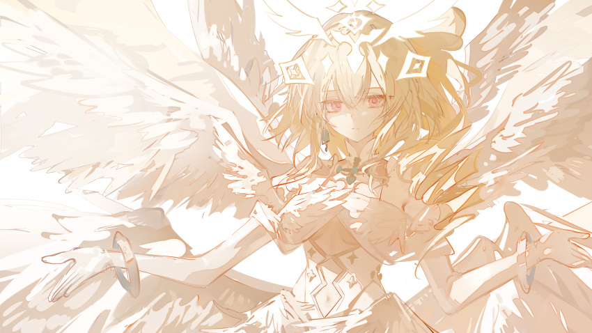 1girl, absurdres, blonde_hair, closed_mouth, dress, fate/grand_order, fate_(series), feathered_wings