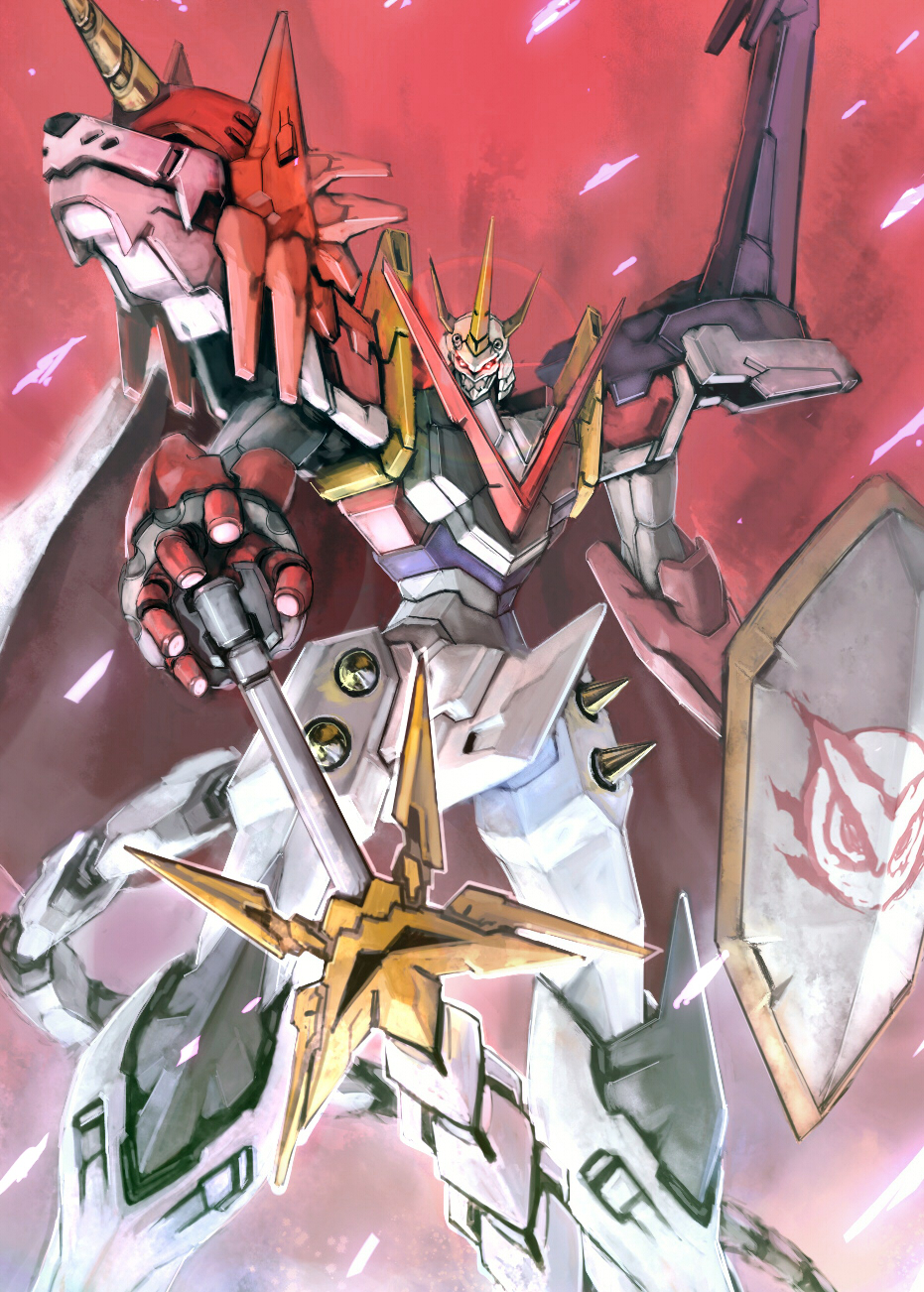 cape, digimon, digimon_(creature), digimon_xros_wars, highres, holding, holding_shield, holding_sword, holding_weapon, horns, mecha, ra_(pixiv120326), red_background, red_eyes, robot, shield, shoutmon_x4k, solo, sword, tail, weapon, white_cape