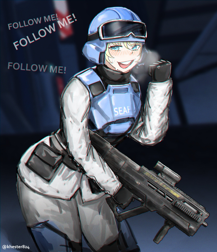 1girl, absurdres, ammunition_pouch, armor, artist_name, assault_rifle, belt, black_gloves