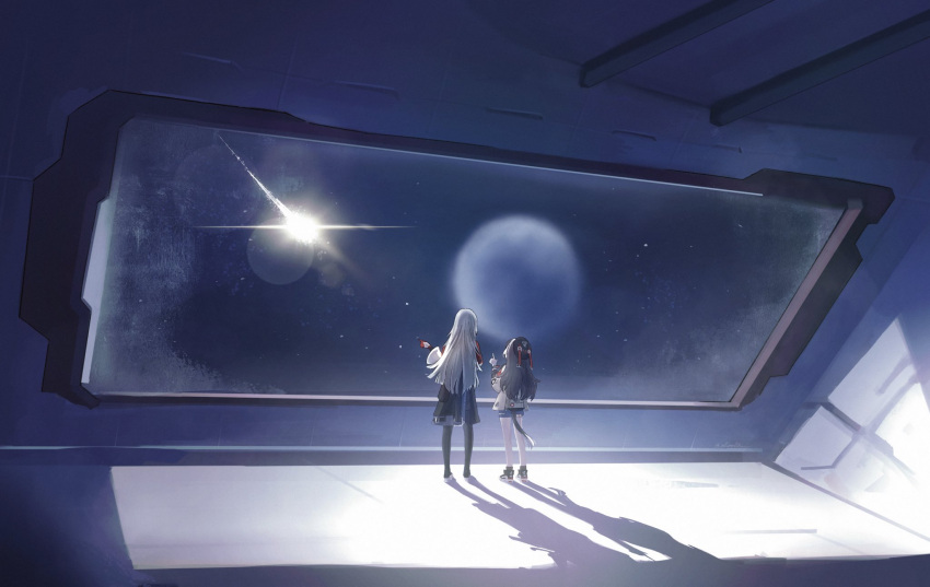 2girls, black_skirt, brown_hair, coralie_6626_planck, erdos_helia, from_behind, grey_hair, highres
