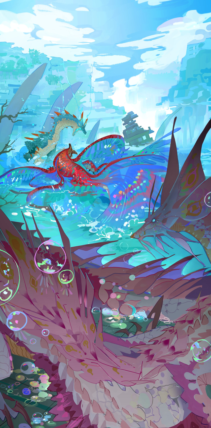 absurdres, blue_eyes, blue_scales, bubble, claws, commentary, highres, lagiacrus, mizutsune, monster, monster_hunter_(series), monster_hunter_wilds, no_humans, nslacka, open_mouth, pink_scales, purple_fur, sharp_teeth, sky, spines, teeth, uth_duna, water, yellow_eyes
