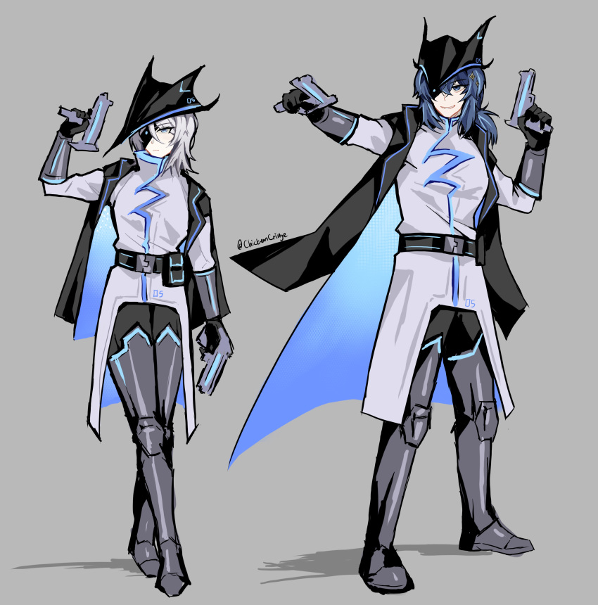 1boy, 1girl, absurdres, alternate_costume, belt, black_gloves, blue_eyes, blue_hair