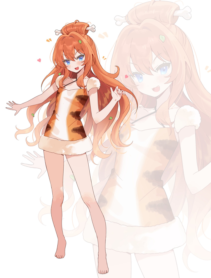1girl, absurdres, barefoot, blue_eyes, bone_hair_ornament, commission, dress, fang