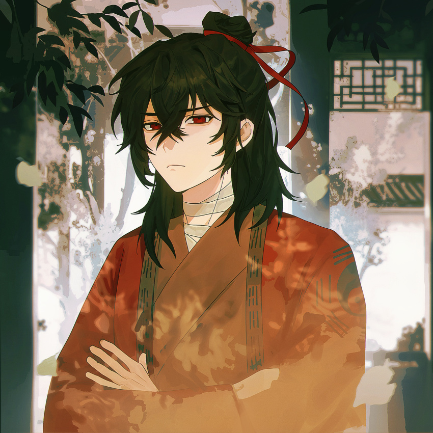 1boy, absurdres, architecture, bandaged_neck, bandages, benkebuhui, black_hair, blurry, chinese_clothes, chinese_commentary, closed_mouth, coat, crossed_arms, crossed_bangs, dao_gui_yi_xian, day, east_asian_architecture, falling_leaves, frown, hair_between_eyes, hair_bun, hair_ribbon, half_updo, hanfu, highres, leaf, li_huowang, long_hair, long_sleeves, looking_at_viewer, male_focus, outdoors, red_coat, red_eyes, red_hanfu, red_ribbon, ribbon, robe, sidelocks, single_hair_bun, solo, sunlight, tree, upper_body, wide_sleeves
