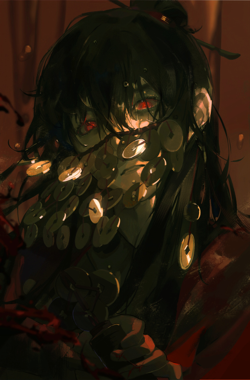 1boy, black_hair, blood, blood_on_hands, blood_spray, blurry, broken_mask, coat