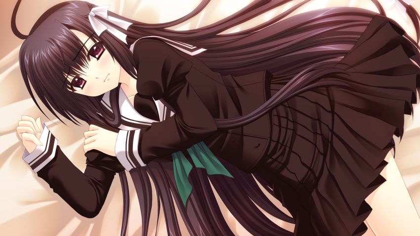 1girl, bed, black_hair, game_cg, hananomiya_ako, long_hair, nishimata_aoi, purple_eyes