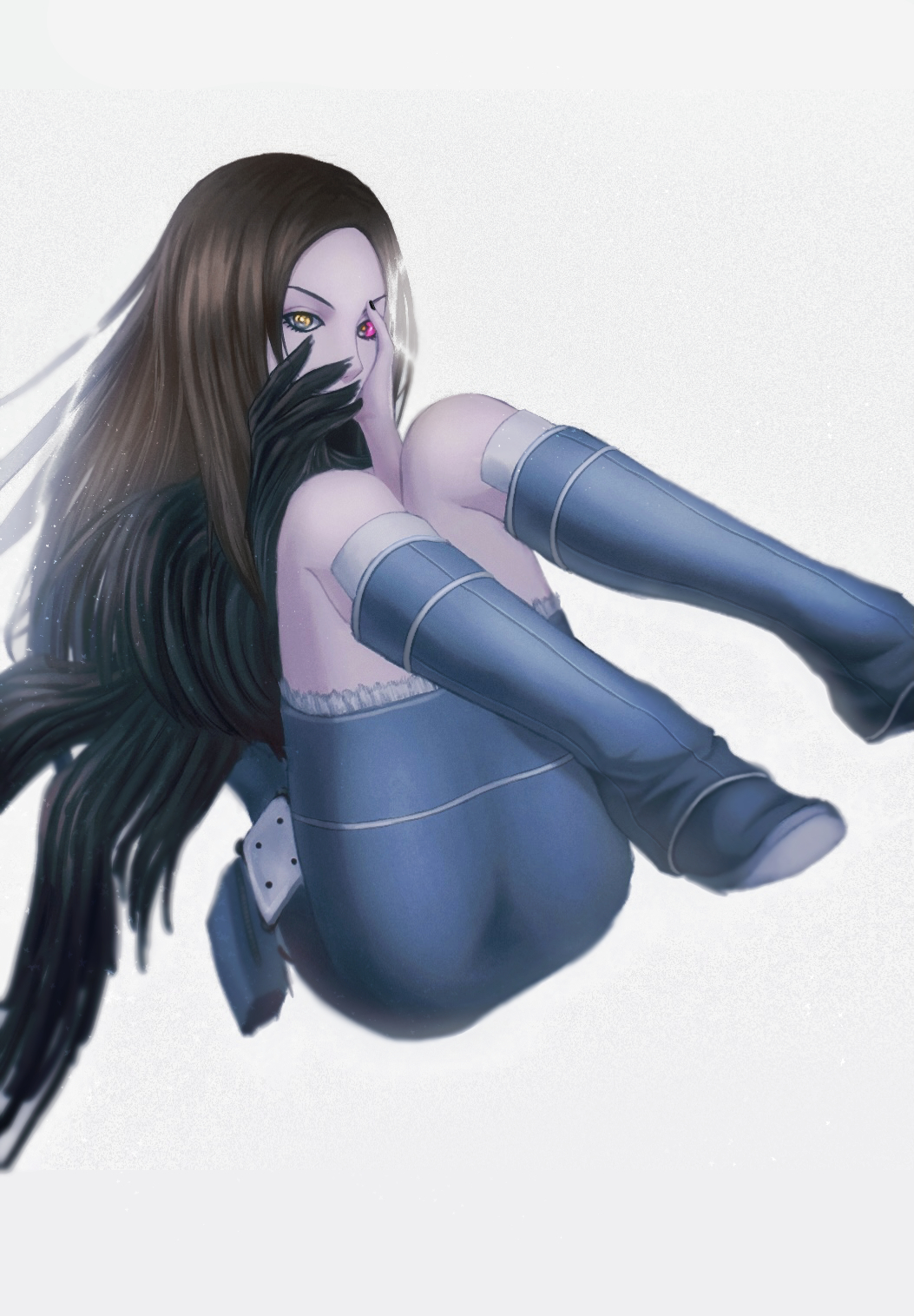 1girl, belt, black_nails, body_horror, boots, brown_hair, denim_boots, denim_dress