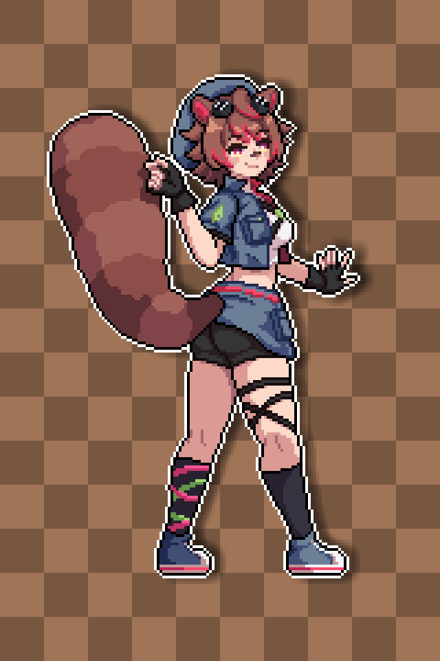 1girl, animal_ears, bandaid, bandaid_on_face, bandaid_on_nose, belt, beret, black_gloves, black_shorts, black_socks, blue_hat, blue_jacket, blue_overskirt, blue_shoes, brown_background, brown_hair, brown_tail, checkered_background, chest_strap, colored_tips, commentary_request, criss-cross_straps, cropped_jacket, fingerless_gloves, from_behind, full_body, gloves, goggles, goggles_on_head, hand_up, hat, indie_virtual_youtuber, jacket, kneehighs, legs_apart, looking_at_viewer, looking_back, midriff, multicolored_hair, multiple_thigh_straps, naviel, open_hand, outstretched_arm, overskirt, pixel_art, raccoon_ears, raccoon_girl, raccoon_tail, rakkun_sutaru, red_belt, red_eyes, red_hair, shin_strap, shirt, shoes, short_hair, shorts, smirk, sneakers, socks, solo, spanish_commentary, standing, striped_tail, tail, turtleneck, turtleneck_jacket, virtual_youtuber, white_shirt