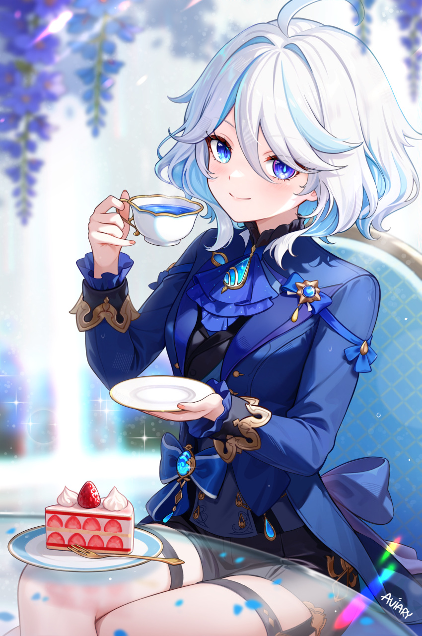 1girl, absurdres, ahoge, ascot, aviary, black_shorts, blue_ascot, blue_eyes