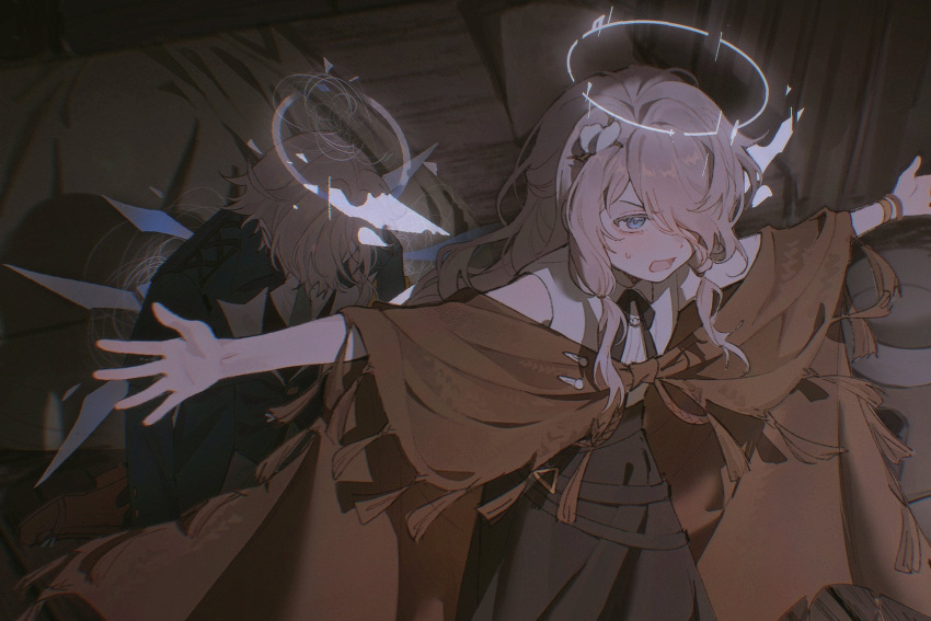 1boy, 1girl, aqua_eyes, arknights, black_jacket, black_ribbon, black_skirt, blocking_way, blonde_hair, boots, bracelet, brown_boots, brown_shawl, cecelia_(arknights), collared_shirt, dot_nose, energy_wings, enforcer_(arknights), fiori_(fiofiori_), flower, hair_flower, hair_ornament, hair_over_one_eye, hair_tie, halo, hashtag-only_commentary, highres, indoors, jacket, jewelry, kneeling, long_hair, long_sidelocks, looking_ahead, low-tied_sidelocks, neck_ribbon, necktie, open_mouth, outstretched_arms, ribbon, shawl, shirt, short_hair, siblings, sidelocks, skirt, sleeveless, sleeveless_shirt, small_sweatdrop, spread_arms, suit_jacket, tassel, v-shaped_eyebrows, white_halo, white_shirt