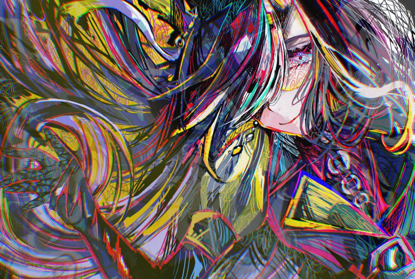 1girl, black_hair, blonde_hair, blue_eyes, closed_mouth, coat, dream_journey_(umamusume), eyewear_strap