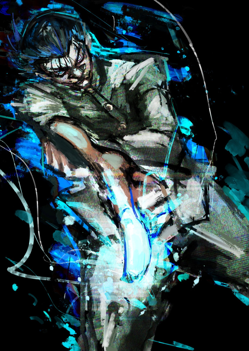 1boy, aiming, aiming_at_viewer, aura, black_background, black_hair, blue_eyes, finger_gun