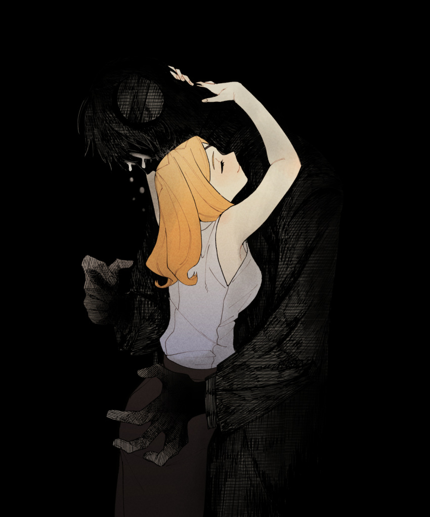 1boy, 1girl, arms_around_neck, black_background, black_skirt, blonde_hair, closed_eyes, closed_mouth