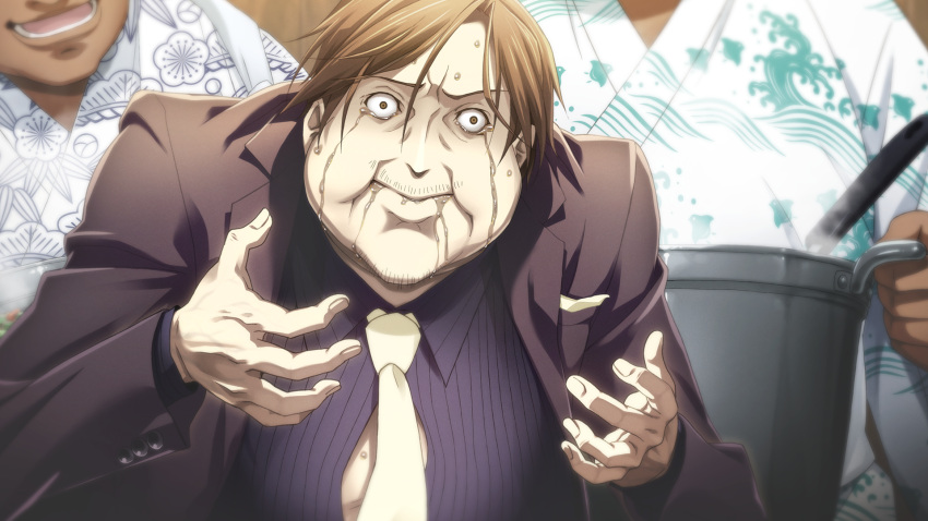 3boys, beard_stubble, big_belly, black_jacket, black_shirt, bloated, brown_eyes, brown_hair