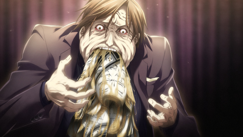 beard_stubble, big_belly, black_jacket, black_shirt, bloated, blood, blood_from_eyes, bloodshot_eyes