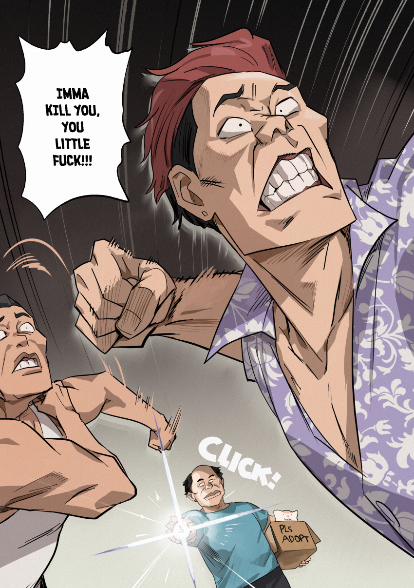 3boys, absurdres, bald, blue_shirt, box, cardboard_box, cat, clenched_hand, clenched_teeth, crazy_eyes, duc_94, english_text, fist, highres, motion_lines, multiple_boys, original, punching, red_hair, shirt, stopwatch, ugly_bastard