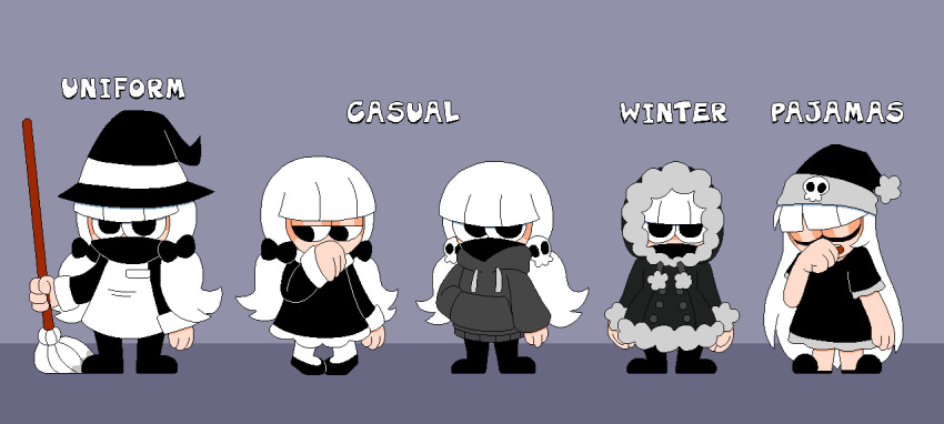 1girl, broom, child, english_text, flat_chest, hat, holding, holding_broom, hood, hoodie, loli, long_hair, lucy_(tinytoxicwaste101), multiple_persona, open_mouth, original, pajamas, pizza_tower, serious, tinytoxicwaste101, white_hair, winter_clothes, witch, witch_hat