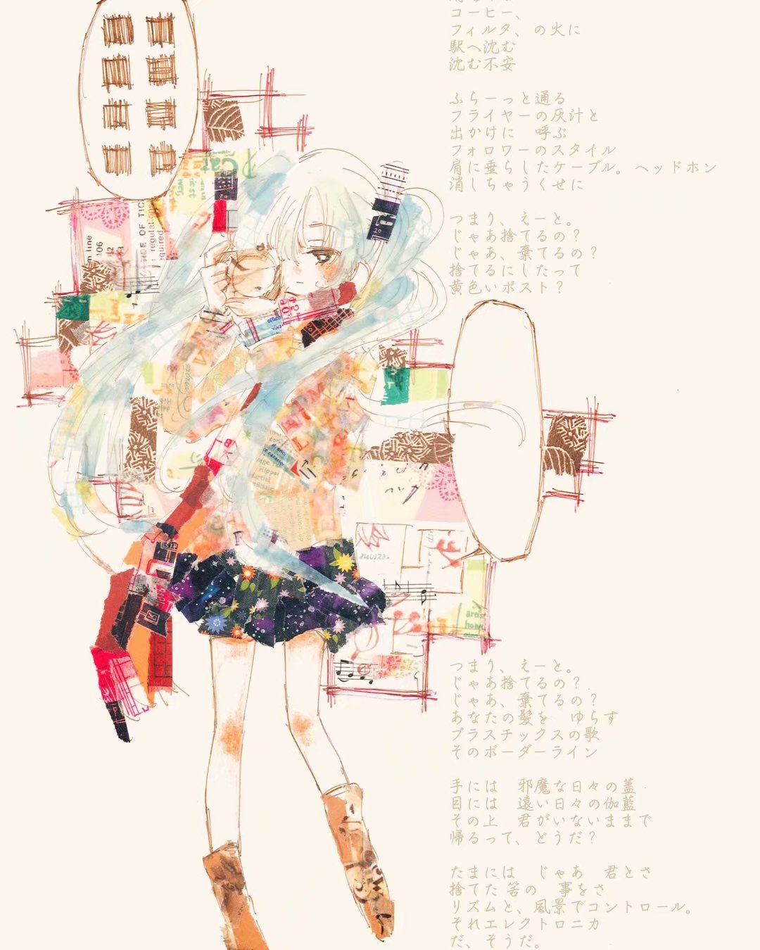 1girl, abstract, bag, bare_legs, beamed_eighth_notes, black_skirt, blank_speech_bubble, blush