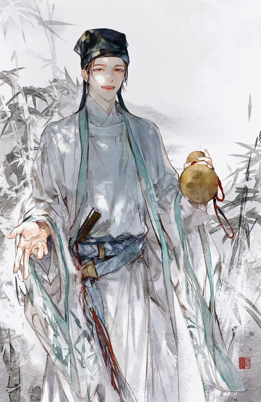 1815983628, 1boy, absurdres, bamboo, black_hair, black_hat, blue_sash, brown_eyes