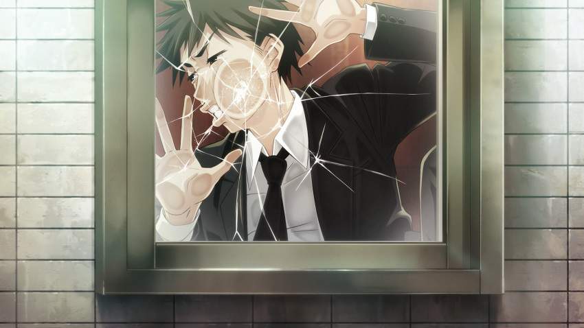 1boy, against_glass, against_window, black_eyes, black_hair, black_jacket, black_necktie, black_pants, breast_pocket, broken_glass, chaos;child, chaos;child_love_chu_chu!!, clenched_teeth, collared_shirt, crack, cracked_glass, face_against_glass, game_cg, glass, highres, jacket, kakita_hironori, lapels, looking_to_the_side, necktie, non-web_source, notched_lapels, official_art, palms, pants, pocket, sasaki_mutsumi, shirt, short_hair, solo, teeth, tile_wall, tiles, v-shaped_eyebrows, very_short_hair, window
