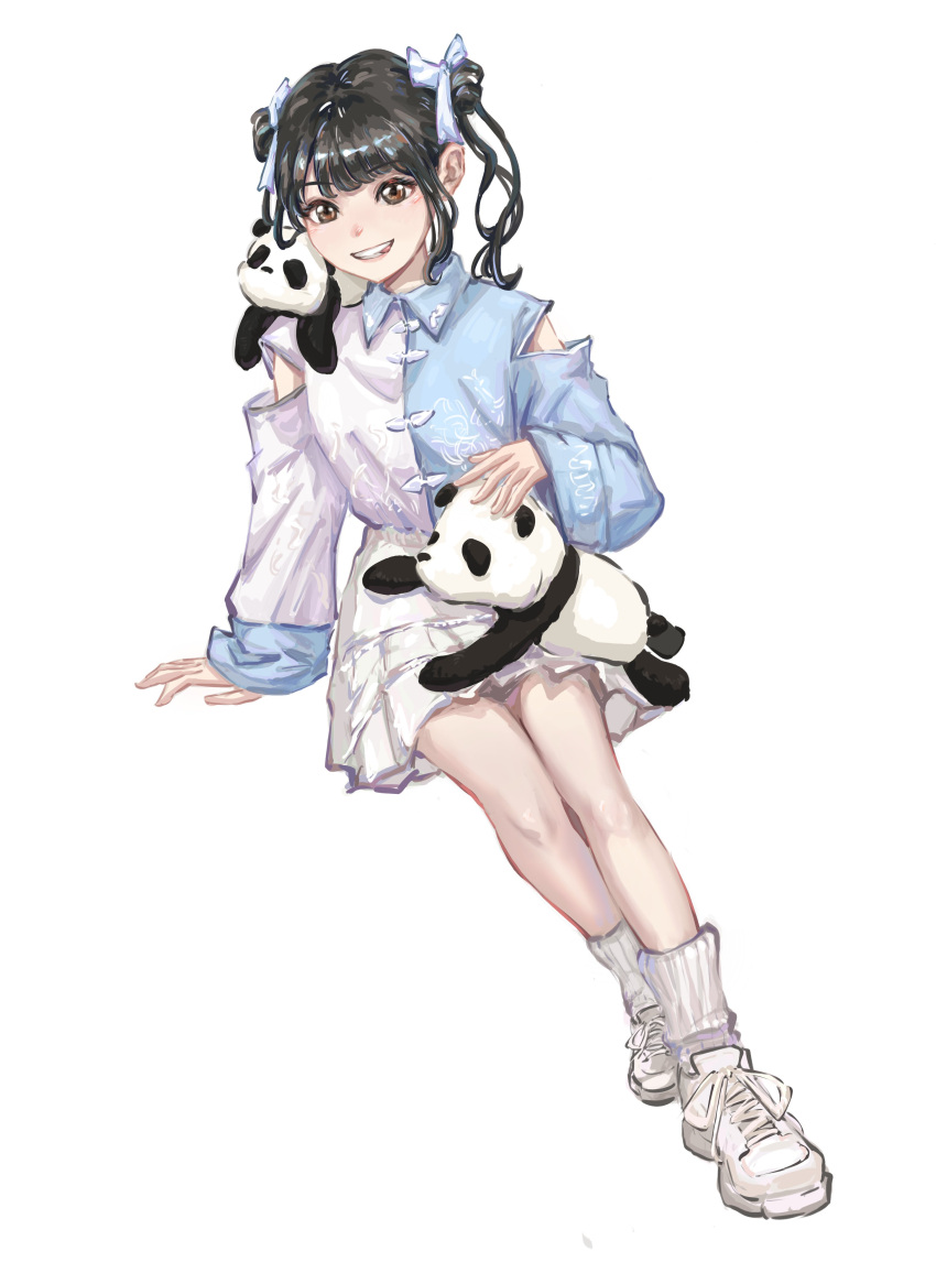 1girl, absurdres, aoki_hina, black_hair, blue_ribbon, blue_shirt, brown_eyes, chibi