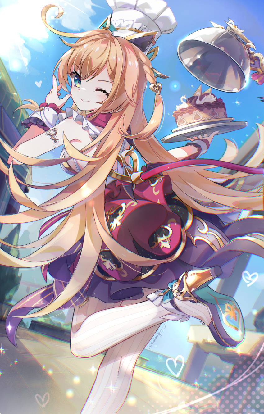 1girl, ahoge, blue_sky, cake, closed_mouth, clouds, dress, escoffier_(genshin_impact), floating_hair, food, from_behind, genshin_impact, high_heels, highres, icedango_(dpopic3), long_hair, looking_at_viewer, looking_back, one_eye_closed, orange_hair, outdoors, shoes, signature, sky, smile, solo, standing, standing_on_one_leg, thigh-highs, tray, white_thighhighs, white_wrist_cuffs, wrist_cuffs
