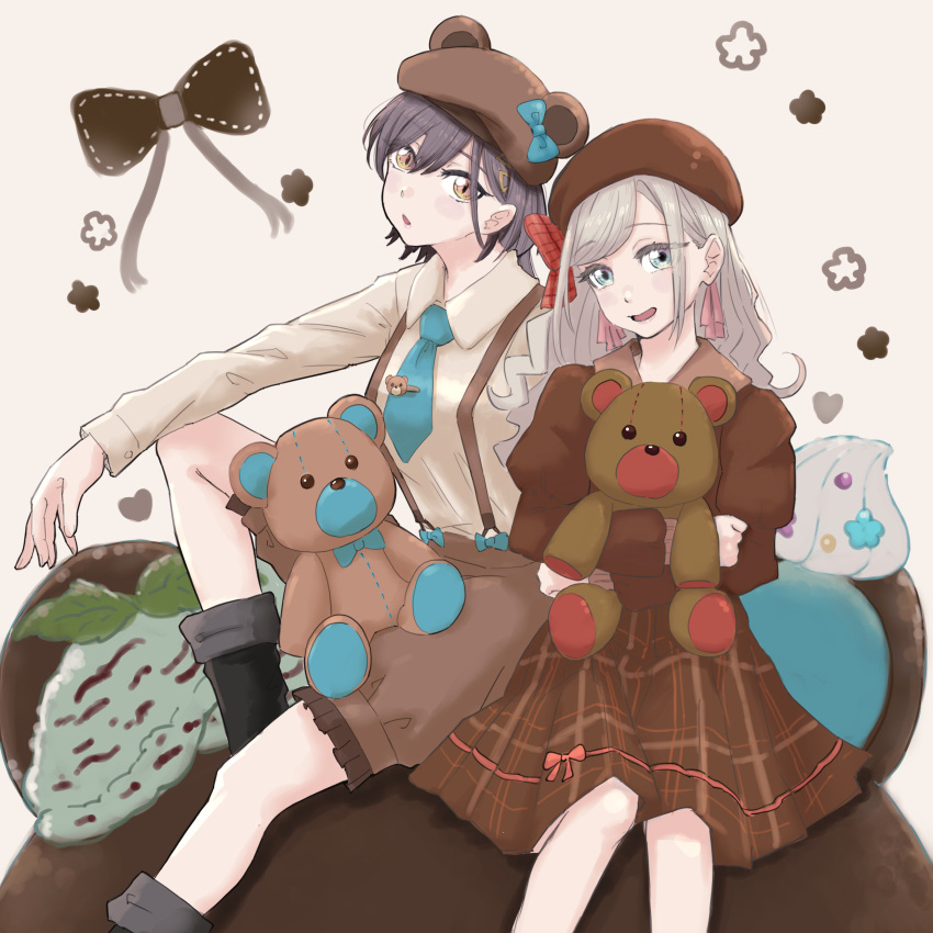 2girls, :d, absurdres, animal_ears, bear_ears, bear_hat, beret, black_boots