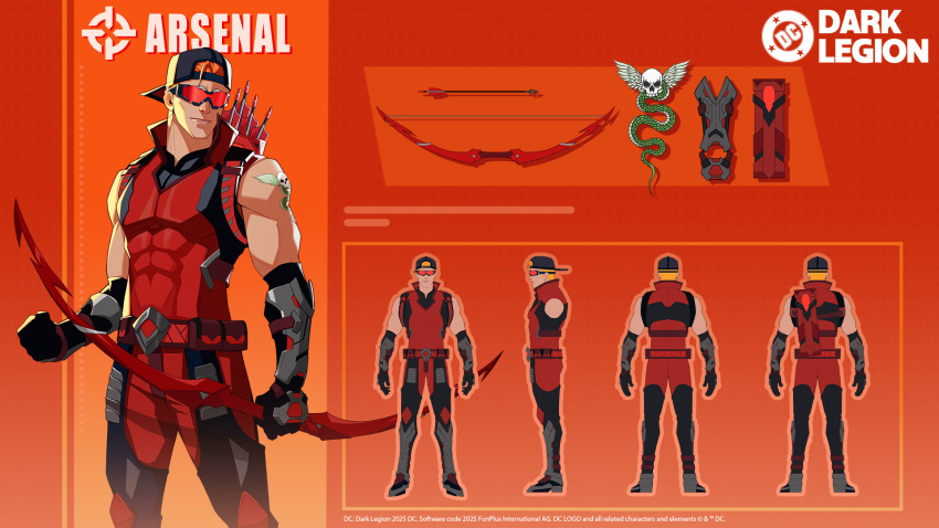 archery, arm_tattoo, arsenal_(dc), baseball_cap, belt, black_gloves, bodysuit, dc:_dark_legion