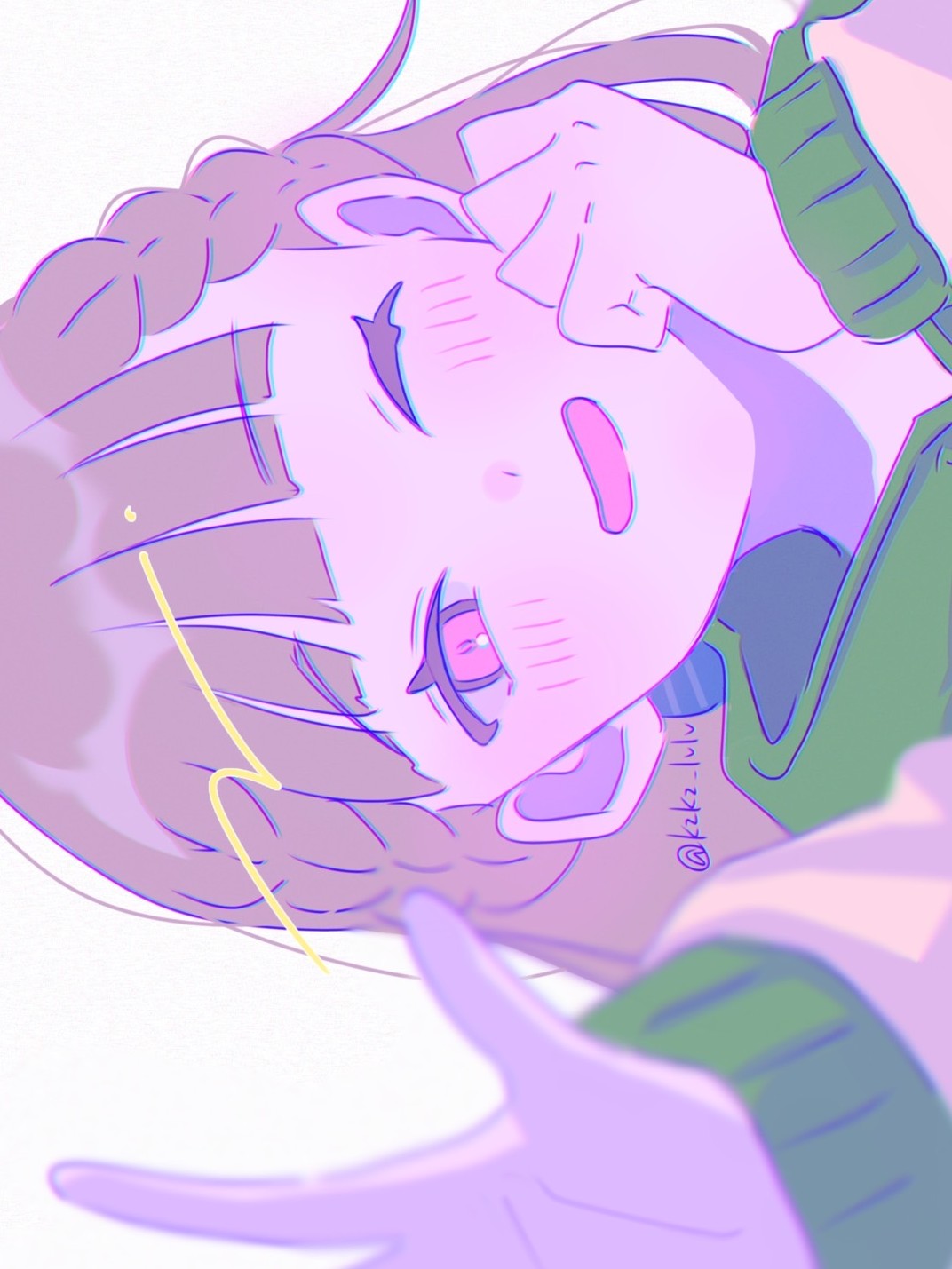 1girl, arm_up, braid, brown_hair, center-flap_bangs, clenched_hand, commentary, green_hood
