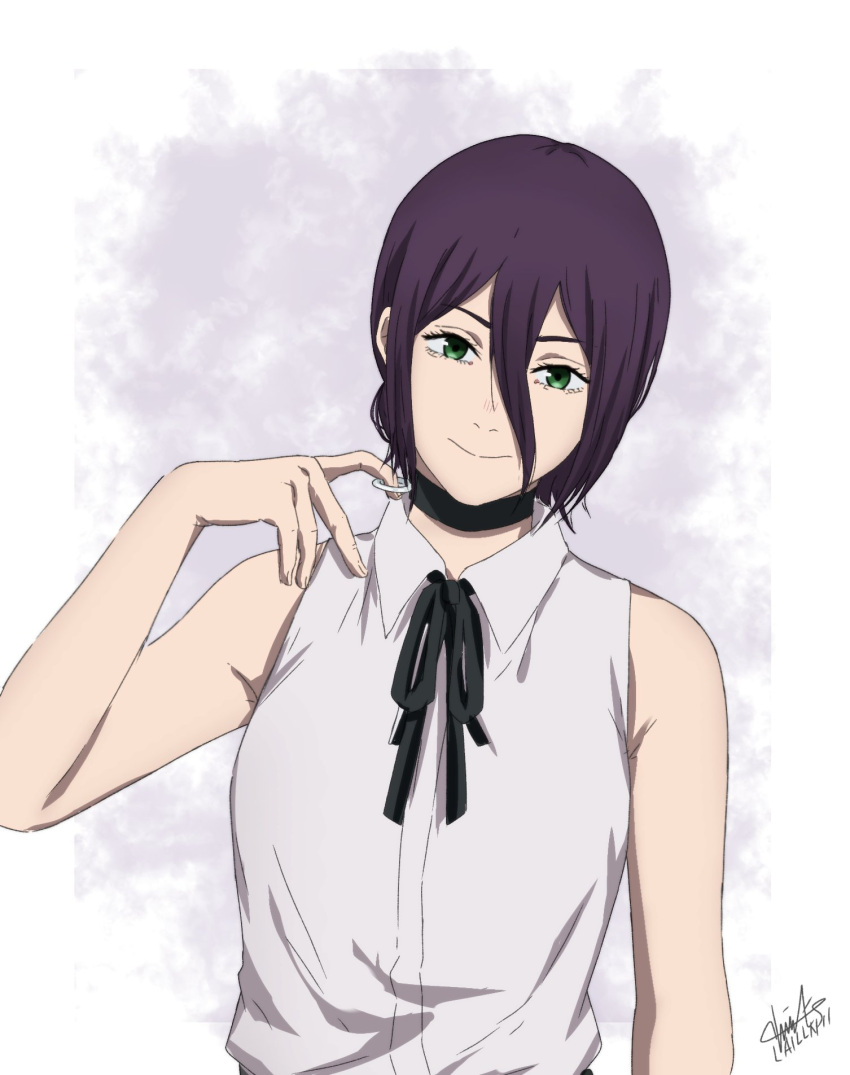 1girl, black_choker, black_hair, breasts, chainsaw_man, choker, commentary, green_eyes