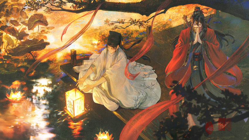 1815983628, 2boys, absurdres, black_hair, black_hanfu, black_hat, branch, chinese_clothes