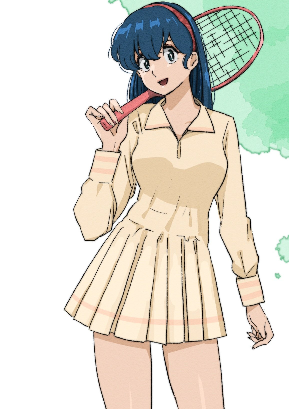 blue_eyes, blue_hair, collared_dress, dress, headband, highres, holding_tennis_racket, long_sleeves, maison_ikkoku, miniskirt, otonashi_kyouko, parted_lips, poppowerhearts, racket, red_headband, simple_background, skirt, sportswear, tennis_racket, tennis_uniform