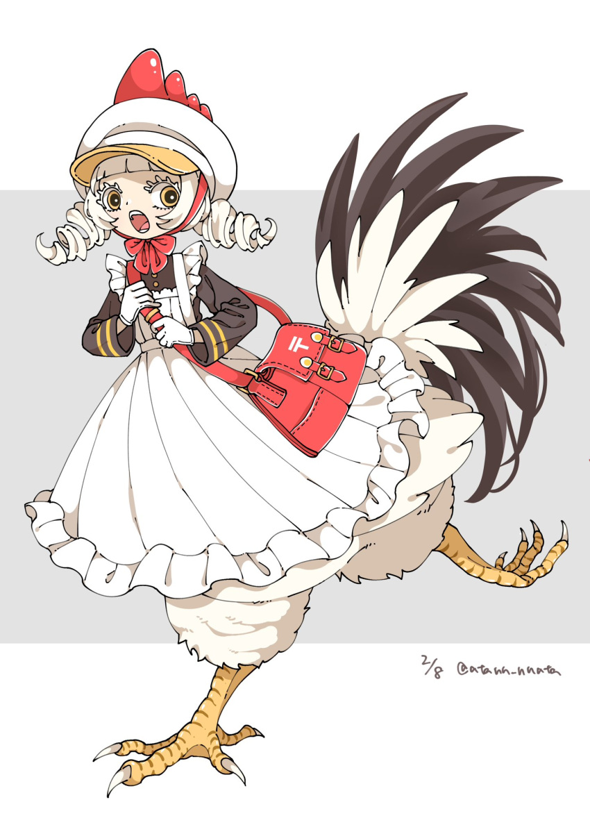 1girl, artist_name, atann_nnata, bag, bird_girl, bird_legs, bird_tail, black_feathers