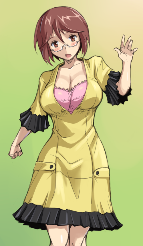 bespectacled, blush, breasts, brown_eyes, brown_hair, casual, cleavage, cosplay